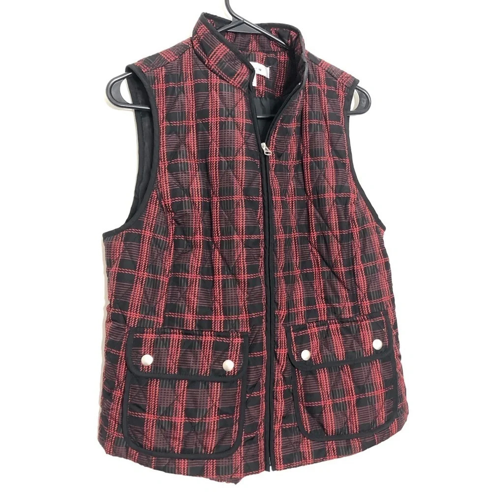 Croft and Barrow Red Black Checker Puffer Quilted Vest Sz Medium Petite Gorpcore